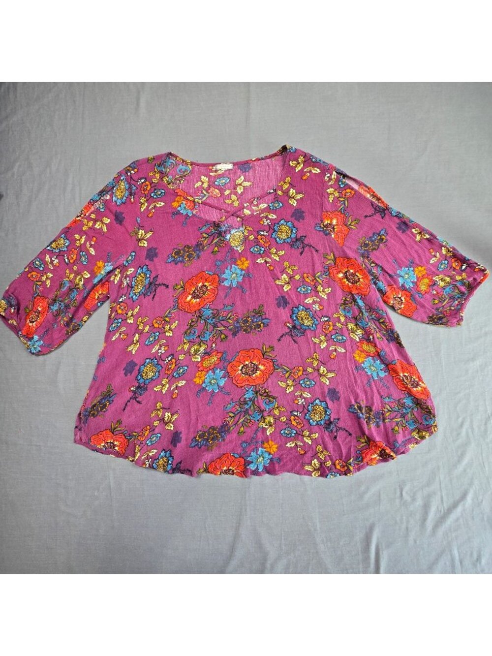 Eyeshadow 1X Womens Blouse Purple Floral Print Boho Peasant Relaxed Fit Top